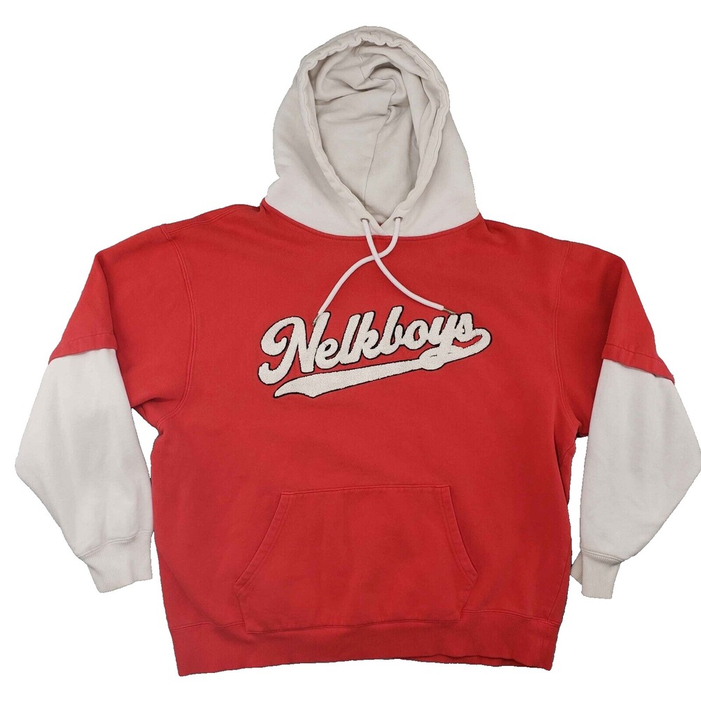 Full Send Nelk Boys Hoodie Mens L Red White Colorblock Chenille Patch Streetwear